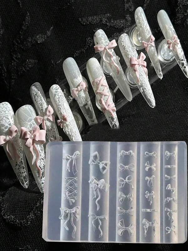 1PC 25 Kinds Of Bow Style Nail Silicone Mold Sweet Ballet Style Cute Elegant Bow Large Three-Dimensional Soft Silicone Carved Mold