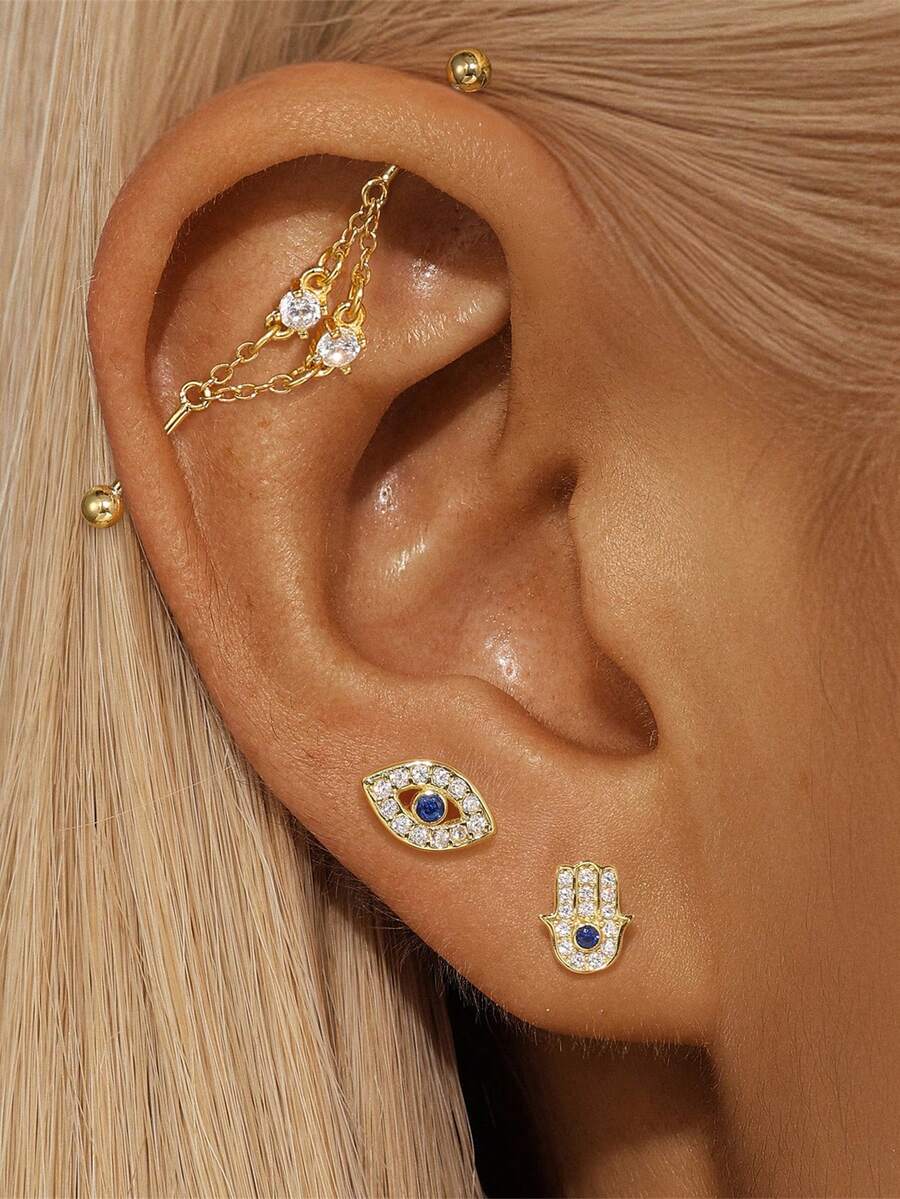 一对极简主义 S925 纯银方晶锆石恶魔手耳钉 - 金色 - 查看 1