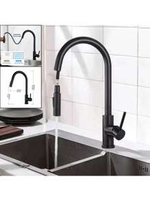 1 pièce Robinet rétractable en laiton de qualité supérieure, en matériau intégralement en cuivre, avec jet pivotant à 360°, extensible jusqu'à 60 cm de long, avec mode de débit d'eau réglable. Robinet d'évier de cuisine, robinet d'évier de salle de bain.