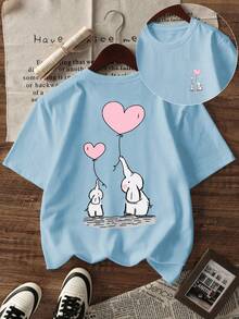 1件女童休闲爱心、气球、大象图案印花圆领短袖T恤，夏季学生少女装 - 激发想象力和自我表达，情人节快乐！ - 淺藍色 - 查看 3