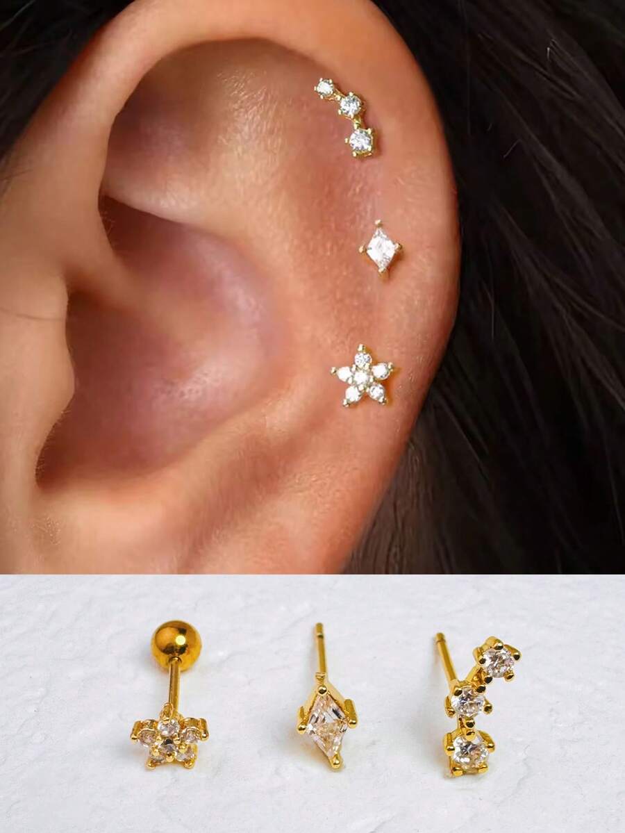 3 件时尚方形锆石可堆叠耳钉，适合女士，14K 镀金不锈钢方晶锆石独特花朵蝴蝶耳钉套装优雅穿孔珠宝，适合软骨耳屏耳轮耳垂，适合女士 - Gold-2# - 查看 1