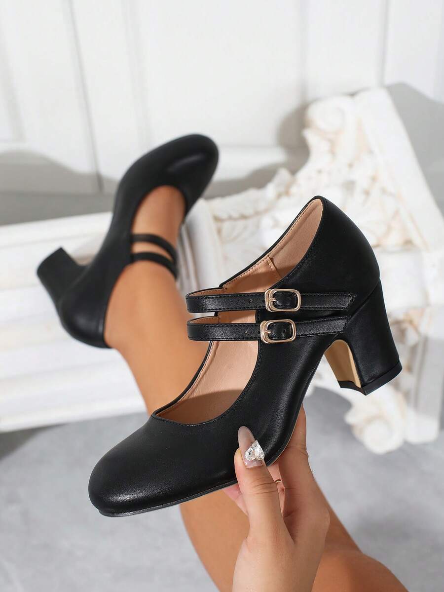 Autumn/Winter Wedding Casual Fashion High Heel Mary Jane T-Strap Shoes, Thick Heel Formal Dress Pumps, Velvet Surface Work Office Shoes, Outdoor Women High Heels (Please Check Foot Length, Palm Circumference Parameters Before Purchasing) - 黑色 - 查看 1