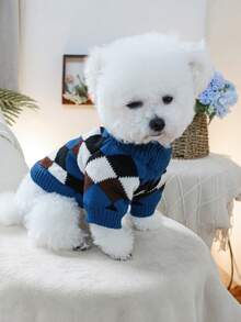 1 件宠物服装狗/猫服装，休闲时尚可爱舒适蓝色和咖啡色格子毛衣，适合小型犬和幼犬 - 彩色 - 查看 4