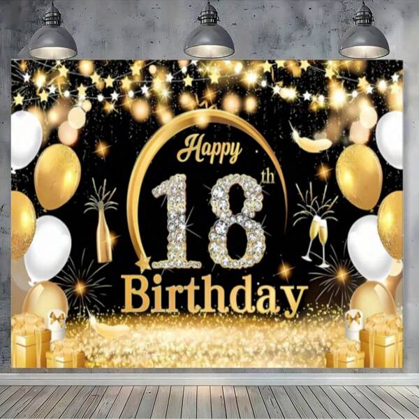 1pc 18th Birthday Black Gold Background Balloon Birthday Party Background Cloth 82.7 * 59.1/59.1 * 39.4/39.4 * 29.5 Inch Large 18th Birthday Banner Decoration, Black Gold Time Adult Happy 18th Birthday Background Logo Party Supplies, 18th Birthday Poster Photo Booth Props Background Decoration