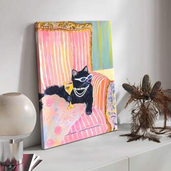 1pc Funky Black Cat Martini Canvas Art | Pink Dopamine Bar Cart Wall Decor Eclectic Aesthetic Room Decor For Bedroom Apartment Wall Art Dorm Decor