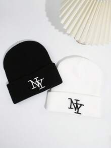 1 件男士 3D 字母刺绣针织帽，户外保暖冬季帽子秋季服装 - 黑2 - 查看 9