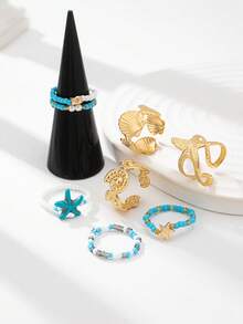 8 件夏季海洋风格海星戒指套装，女士时尚波西米亚种子串珠弹力戒指，贝壳戒指，波西米亚风戒指首饰适合度假、海滩派对、日常佩戴。 - A12738 - 查看 6