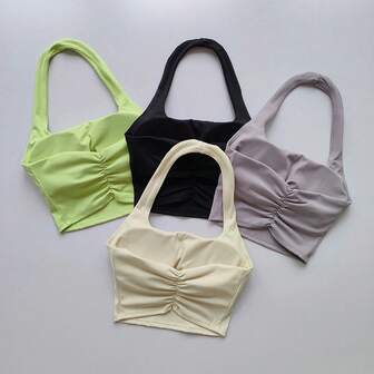 Summer New Sexy Hanging Neck With Chest Pads, Beautiful Back Sports Bra, Women's Light Luxury Fashion, Unique Pleated Sports Bra