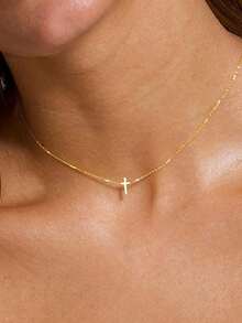 1 pieza Elegante y de moda collar con colgante de cruz, adecuado para el uso diario de las mujeres, versátil collar de gargantilla que no se desvanece, regalo de regreso a la escuela - Dorado - Ver 4