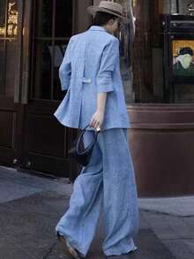时尚气质全套干练轻奢高端蓝色时尚马甲套装阔腿裤女士西装套装 - 淺藍色 - 查看 10