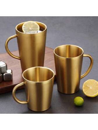 Thickened 304 Stainless Steel Cup, Double-Layer Anti Scald, Water Cup, Coffee Cup, Beverage Cup, Tea Cup, Milk Cup, Easy To Clean, Durable, Drop Resistant, With Handle For Easy Access, Suitable For Home Use, Office, Restaurant, Fast Food Restaurant, Canteen, Beverage Shop, Picnic, Outdoor