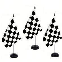 2 件黑白格子赛车旗赛车豪华桌旗套装 - 迷你小型赛车桌办公室旗帜，带黑色 12 英寸实心杆支架底座装饰，由聚酯纤维制成
