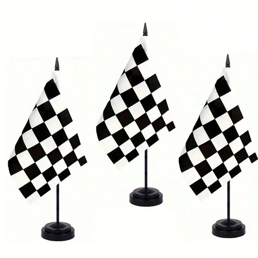 2 件黑白格子赛车旗赛车豪华桌旗套装 - 迷你小型赛车桌办公室旗帜，带黑色 12 英寸实心杆支架底座装饰，由聚酯纤维制成