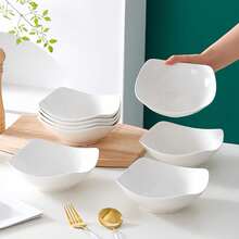 Juego de 4 piezas/8 piezas de platos y tazones de ensalada blancos de 7,8 pulgadas, tazones y platos de plástico reutilizables para platos fríos, comida caliente, postres, comida para fiestas, almacenamiento apilable, apropiados para reuniones familiares, hoteles, aptos para microondas, picnics al aire libre/campamento, ligeros, plegables, reutilizables, vajilla plegable para bodas de verano - Blanco - Ver 3