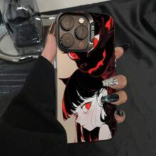 Funda de Teléfono con Patrón de Chica Demonio de Ojos Rojos, Compatible con iPhone 16ProMax 16Pro 16Plus 16 15ProMax 15Pro 15Plus 15 14ProMax 14Pro 14 13ProMax 13Pro 13 12ProMax 12Pro 12 11ProMax 11Pro 11, Funda de Teléfono de Moda con Amortiguador de Impactos - Negro - Ver 2