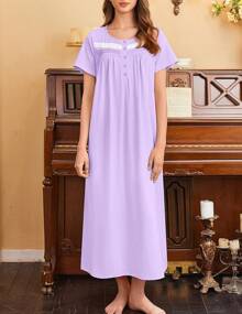 Camisón de mujer Ekouaer de algodón, camisón largo con mangas cortas, con bolsillos, botones y suave ropa de dormir