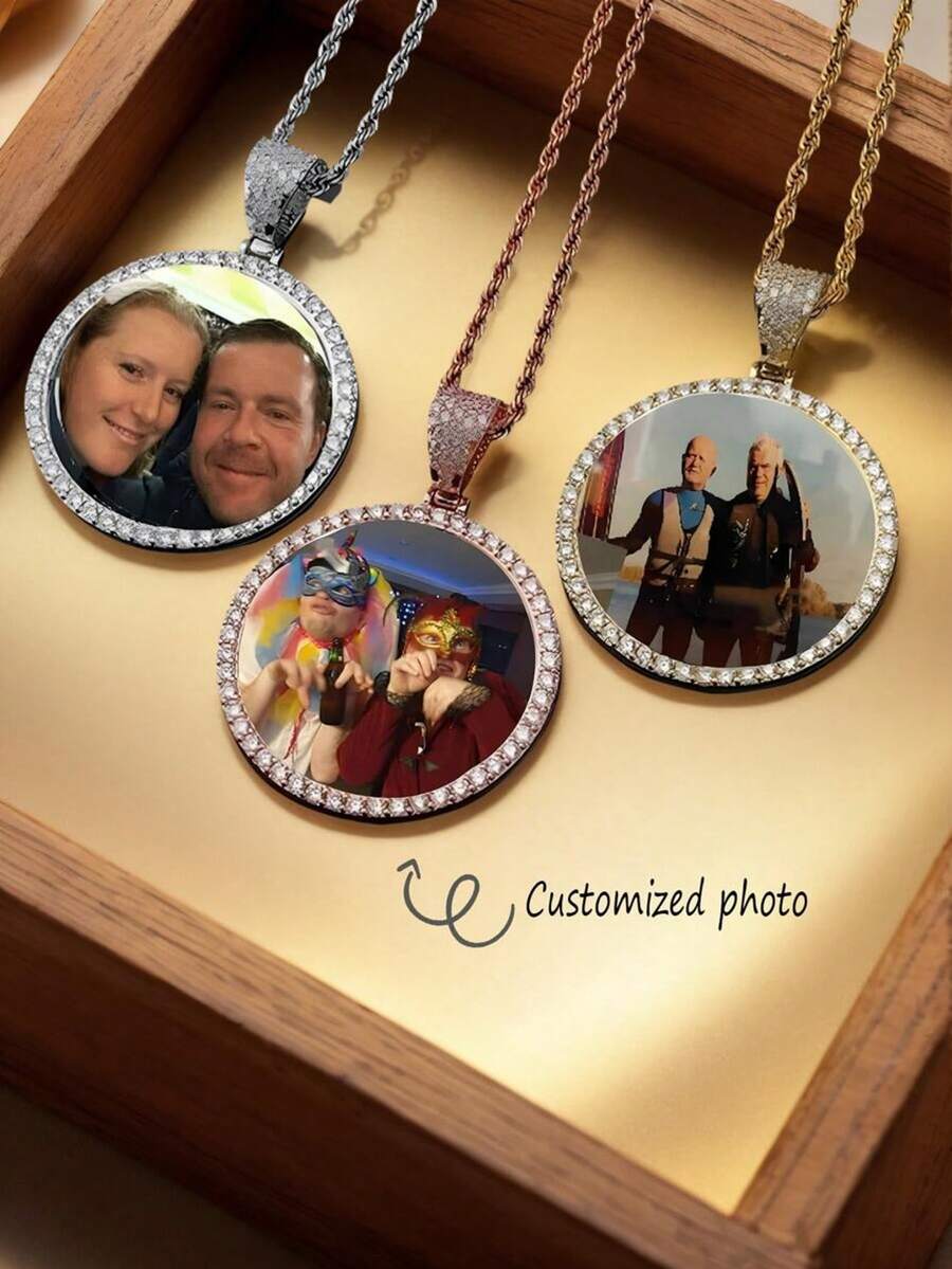 Personalized Custom Made Photo Circle Necklace & Pendant LARGE Hip Hop Round Pendant, Iced Out Cubic Zirconia, Jewelry Gift For Him/Her - Multicolor - View 1