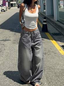 Straight Leg Light Gray Washed Jeans, American Casual Denim Style, Loose Wide Leg, Women's Fashion Spring/Summer Outfit - Light Grey - View 2