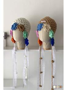1pc Handmade Crocheted Tassel Tie Hollow Breathable Knitted Beanie Hat For Women, Colorful Floral Pattern, Large Size Fits All, Warm Ear Protection, Casual Versatile Knit Cap For Autumn/Winter