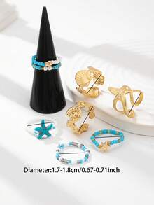 8 件夏季海洋风格海星戒指套装，女士时尚波西米亚种子串珠弹力戒指，贝壳戒指，波西米亚风戒指首饰适合度假、海滩派对、日常佩戴。 - A12738 - 查看 9