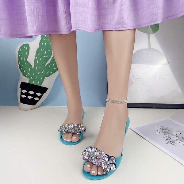Modische Frauen Flache Sandalen Transparente Gelschuhe mit Perlenblume, glitzernd, Sommer, weiche Sohle, rutschfest, PVC-Schuhe, bequem