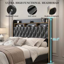 SIBEDS Black PU Leather Bed Frame With LED Lights, Storage Drawers, Galaxy Projector, Charging Station, Speaker, Aurora Lighting, 2-Tier Headboard, Noise-Free Design - 聚氨酯黑色 - 查看 6