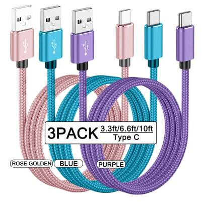 USB C Fast Charging Cable 3 Packs[3.3/6.6/10FT] USB A To C Nylon Braided Charging Cable,C Type Data Sync Cable,Compatible With Samsung Galaxy A145G A13A54A53AS23S22 Ultra S21 S20 A23A24A03S 7Pro 6 Moto Android Cell Phone Fast Charging Cable Compatible With IPhone 16, 16 Pro Max, 15, 15 Plus, 15 Pro, 15 Pro Max,Compatible With Redmi, Compatible With OnePlus Type C Charger