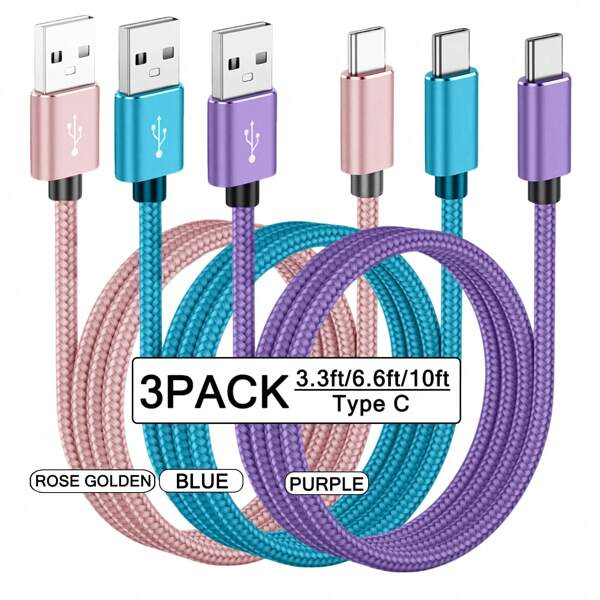 USB C Fast Charging Cable 3 Packs[3.3/6.6/10FT] USB A To C Nylon Braided Charging Cable,C Type Data Sync Cable,Compatible With Samsung Galaxy A145G A13A54A53AS23S22 Ultra S21 S20 A23A24A03S 7Pro 6 Moto Android Cell Phone Fast Charging Cable Compatible With IPhone 16, 16 Pro Max, 15, 15 Plus, 15 Pro, 15 Pro Max,Compatible With Redmi, Compatible With OnePlus Type C Charger