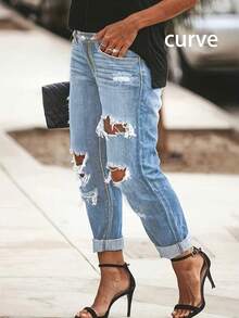 2025欧美春夏新款休闲中腰破洞直筒裤街头风长牛仔裤女 - 淺色水洗藍 - 查看 1