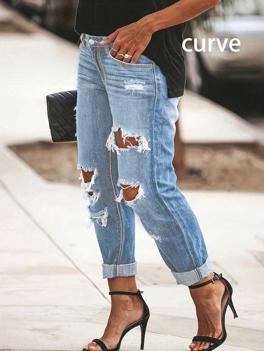 2025欧美春夏新款休闲中腰破洞直筒裤街头风长牛仔裤女 - 淺色水洗藍 - 查看 1