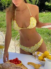 Alyweatry Women Y2K Bikinis Sets Coquette Aesthetic Bows Halter Tie Up Bikini Top High Cut Elastic Waist Bikini Bottom - 檸檬印花 - 查看 5
