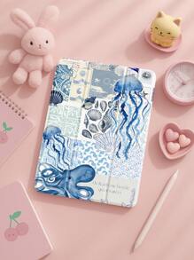 Ocean Beautiful Pattered Sword Castle Pattern Transparent Silicone Shock-Absorbing Stand With Pen Slot, Suitable For Galaxy Tab A8 10.5, S6 Lite 10.4, S7/S8/S9Inch. It Supports Sleep Awakening As A Holiday Gift