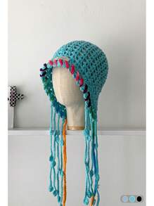 1pc Handmade Crocheted Tassel Tie Hollow Breathable Knitted Beanie Hat For Women, Colorful Floral Pattern, Large Size Fits All, Warm Ear Protection, Casual Versatile Knit Cap For Autumn/Winter