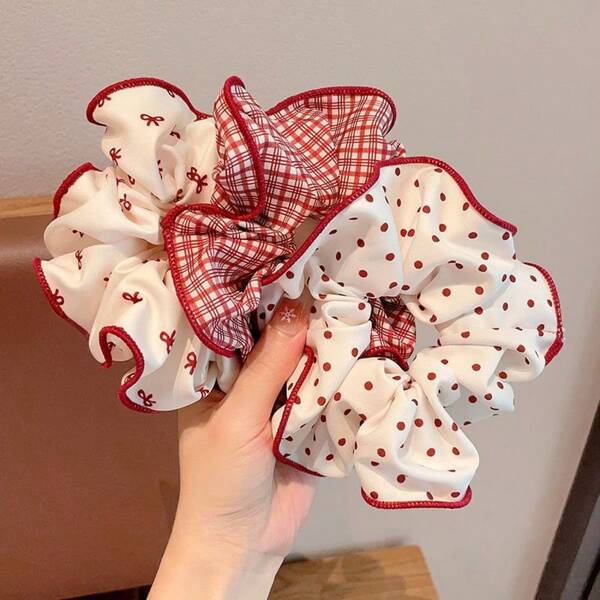 3pcs Satin Hair Ties Set - Bow/Polka Dot/Plaid Scrunchies For Women, Gentle Hair-Friendly Elastic, Party & Daily Hair Accessories, Snag-Free Hair Rings, Hair Accessory ,Hair Accessories, Scrunchy Hair Ties