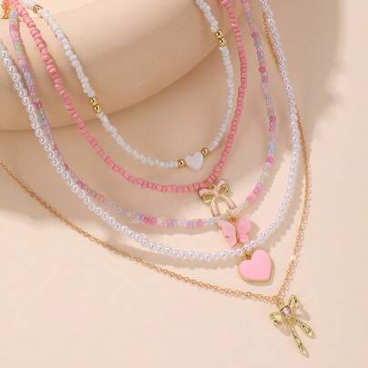 NAIZHU 5pcs/Set Fashionable Cute Bow, Heart, Butterfly Pendant Colorful Beaded Necklace Set, Girls Gift, Random Color