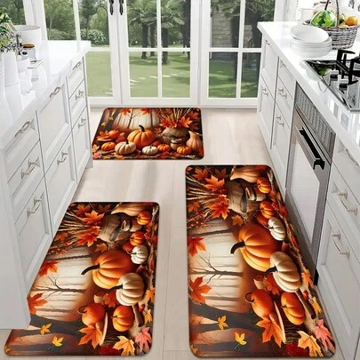 1pc/2pcs/3pcs Pumpkin Themed Soft Thick Kitchen Floor Mat, Pumpkin Autumn Thanksgiving Printed Anti-Slip Anti-Oil Kitchen Rug, Waterproof Floor Mat, Washable Entrance/Living Room/Laundry/Bathroom Absorbent Doormat, Home Decor