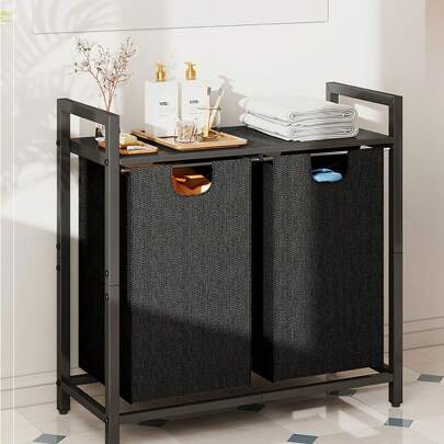 Laundry Basket Organizer, Laundry Hamper With Shelf & 2 Pull-Out Removable Bags, Dirty Clothes Hamper Organizer For Laundry Room Bathroom