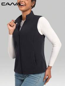 Cavva 女士抓绒背心外套，无袖轻便拉链夹克，保暖柔软，带拉链口袋，适合运动、办公、户外活动、聚会、露营、骑行、徒步旅行等冬季穿着。 - 黑色 - 查看 3