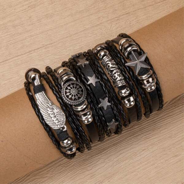5pcs/6pcs Vintage Minimalist PU Leather Handmade Braided Bracelet Set, Suitable For Men And Women Everyday Wear