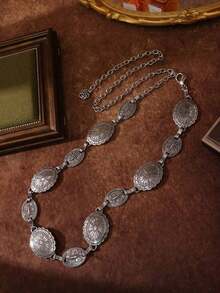 1pc Ladies' Bohemian & Western Style Carved Flower & Geometric Pattern Vintage Waist Chain, Casual And Fashionable, Gold Color Boho Summer, School Fall, Autumn, Halloween - Bạc - Xem 3