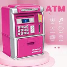 1 Hucha electrónica grande tipo Cajero Automático, en negro/rosa, con contraseña, para guardar efectivo y monedas, para niños, regalo perfecto para Navidad, Año Nuevo, San Valentín, festividades, apropiado para niños y niñas (baterías no incluidas)