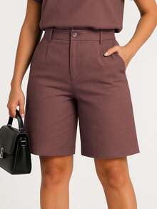 Women's Linen Set - Basic Blouse With Small V Neckline And Tailored Cycling Shorts | Elegance And Comfort - Rust Brown - View 7
