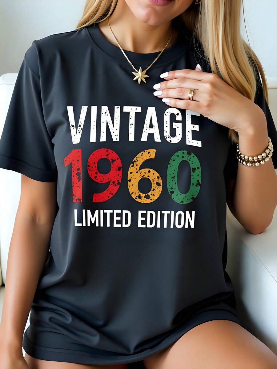 Camiseta negra con estampado vintage de edición limitada de 1960 para mujer, de algodón de 180 g, cuello redondo, manga corta, estilo retro, ideal para regalo de cumpleaños, aniversario o celebración. Tallas grandes para mujer. - Negro - Ver 1