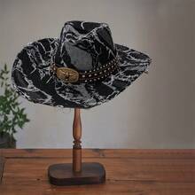 Denim Cowgirl Hat For Women Men Bull Head Belt Distressed Wide Brim Western Cap For Mardi Gras Party - 黑色 - 查看 5