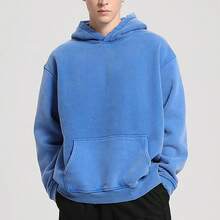 FAIABLE Mens Hoodies Oversized Unisex Wash Hoodie Heavyweight Fleece Vintage Cotton Sweatshirt Men Women Streetwear - 亮藍色 - 查看 2