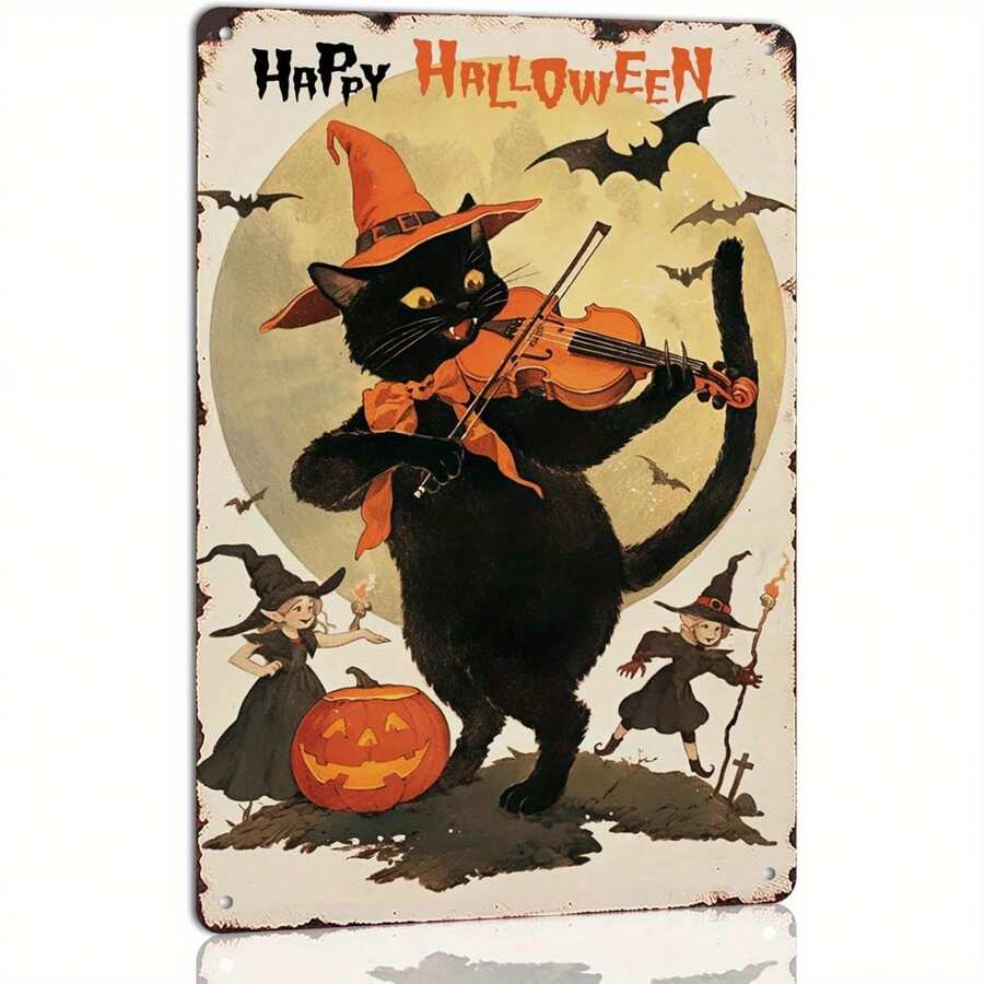1pc Vintage Halloween Metal Wall Art Sign - Country Style Black Cat Playing Violin With Bat & Pumpkin Pattern, UV-Resistant Waterproof Indoor/Outdoor Decor, No Electricity Required, 30x20cm, Farmhouse Fence Home Decoration
