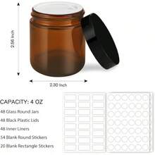 4 Oz Amber Glass Jar With Lids, 48 Pack Small Glass Candle Jars With Lids & Sticker, Empty Cosmetic Containers For Sample, Cream, Spice, Lotion, OintmentsSHEIN - 黑色 - 查看 3