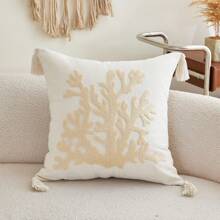1pc Beige Coral Embroidery Cushion Cover - Linen Fabric With Tassels On Four Corners, Suitable For Modern Country Style Interior Decor, Sofa Throw Pillow Case/Cushion Cover, Daily Use & All-Season Decor, Insert Not Included