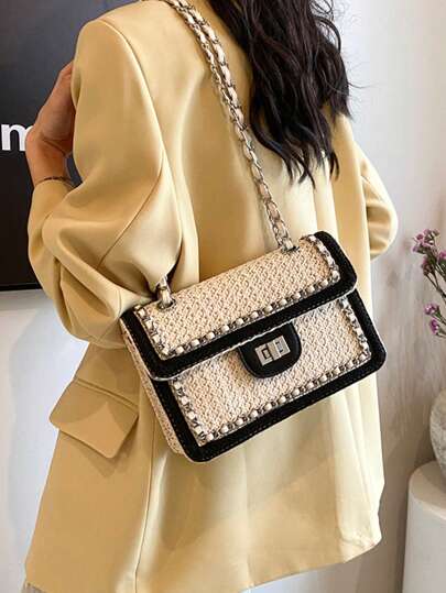Fashionable Minimalist Summer Women's Shoulder Bag, 2025 New Arrivals Faux Leather Woven Small Square Bag With Flap Closure, Suitable For Women, Girls, Career Starters, And Working Professionals, Fit For Work, Shopping, Vacation