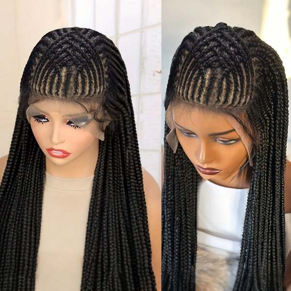 [Full HD Braided Wigs] 34 Inches Full HD Lace Cornrow Braided Wigs | Unique Look With Realistic Texture, Twisted Braid Design, Blendable Hair, Black Braided Wigs For Black Women